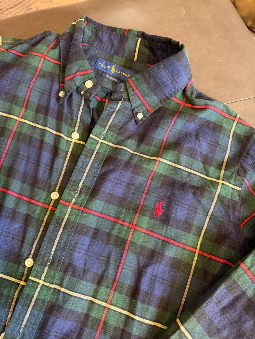 Polo by Ralph Lauren Men's Blue Green Plaid Long Sleeve Polo Shirt